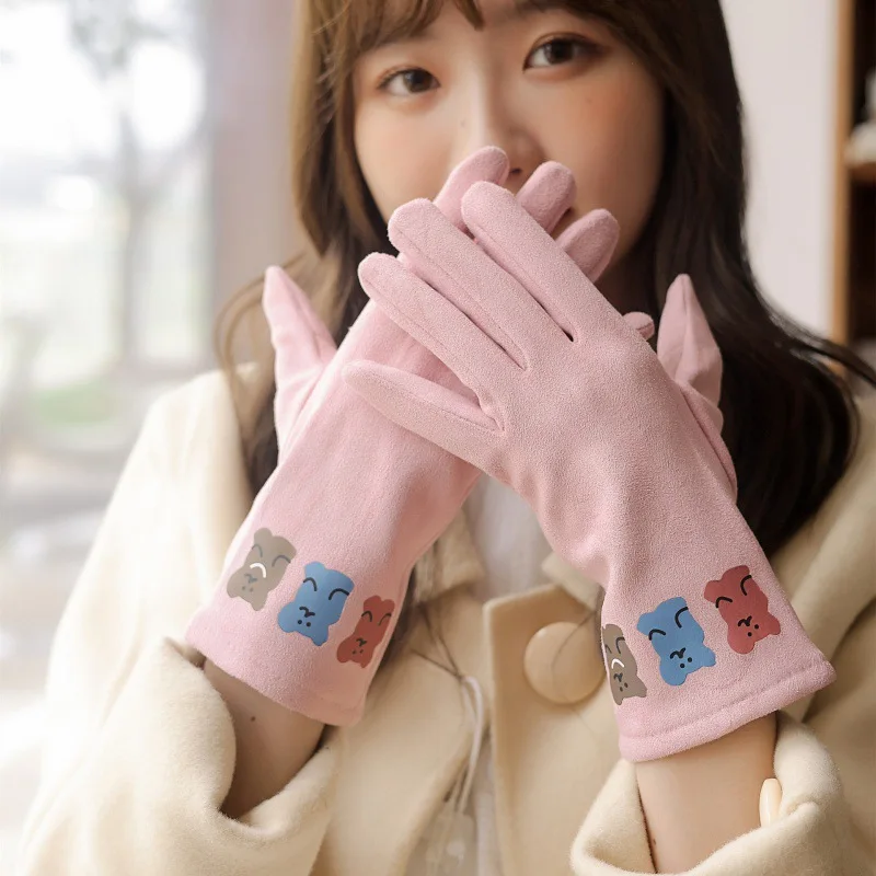 

Women's Winter Suede Leather Plus Velvet Thick Cartoon Print Touch Screen Cycling Cold Warm Gloves For Sports Driving Mitten R98