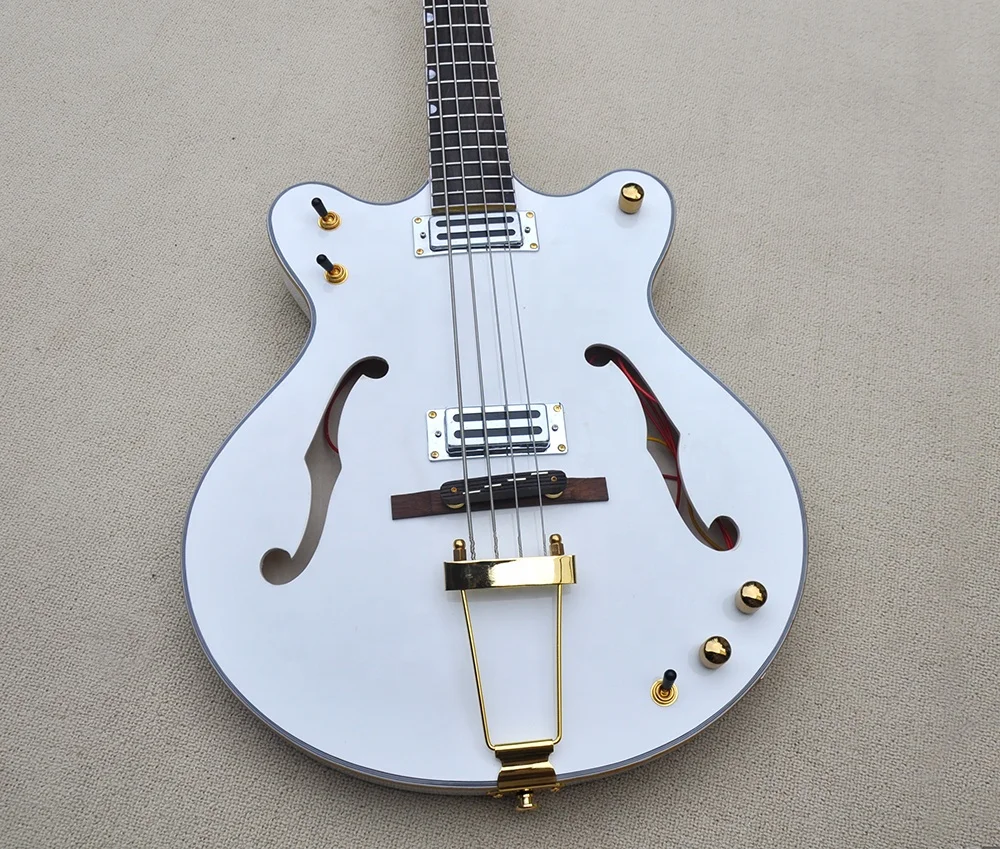 Semi Hollow 4 Strings White Body Electric Bass Guitar with Gold Hardware Provide Customized Service |