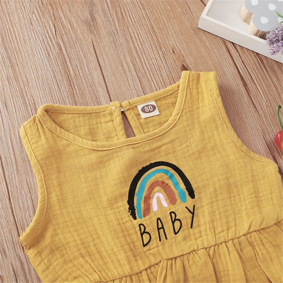 Летняя одежда для маленьких девочек топы с радужным принтом и оборками