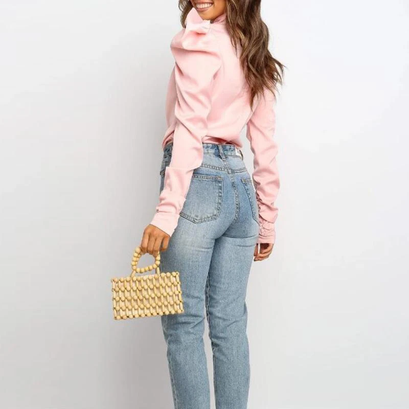 Однотонная блузка с пышными рукавами и завязкой на шее Женская офисная одежда