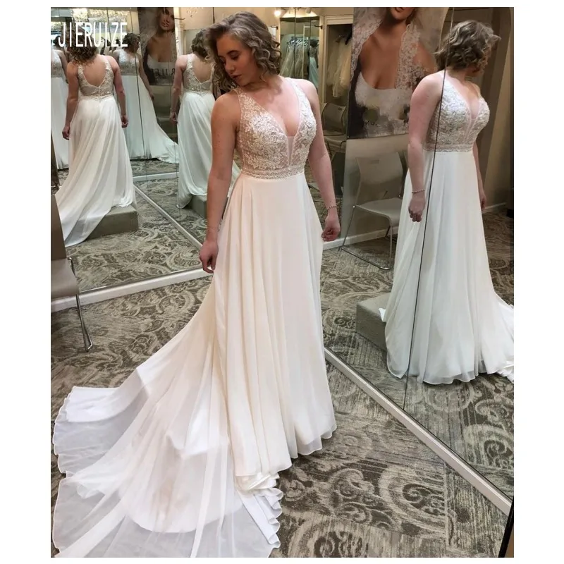 

JIERUIZE Romantic A Line Beach Wedding Dresses V Neck Backless With Appliques Sleeveless Chiffon Bridal Gowns robe de mariee