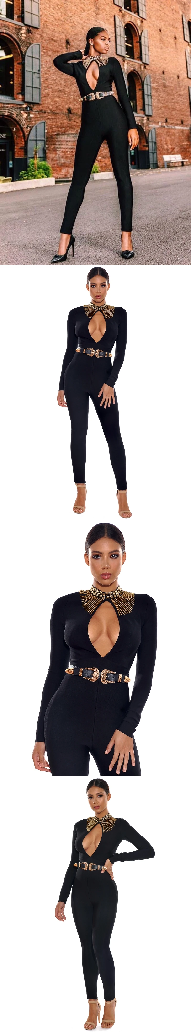 VC All Free Shipping HOT New Luxe Diamond Embellished Tassels Sexy Key Hole Celebrity Party Club Wear Bandage Jumpsuit