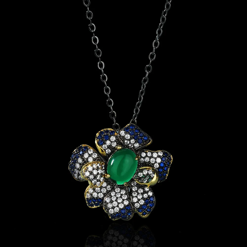 

Fashion Retro Ethnic Flower Clavicle Chain Green Translucent Zircon Pendant 925 Silver Women's Jewelry Sweater Chain