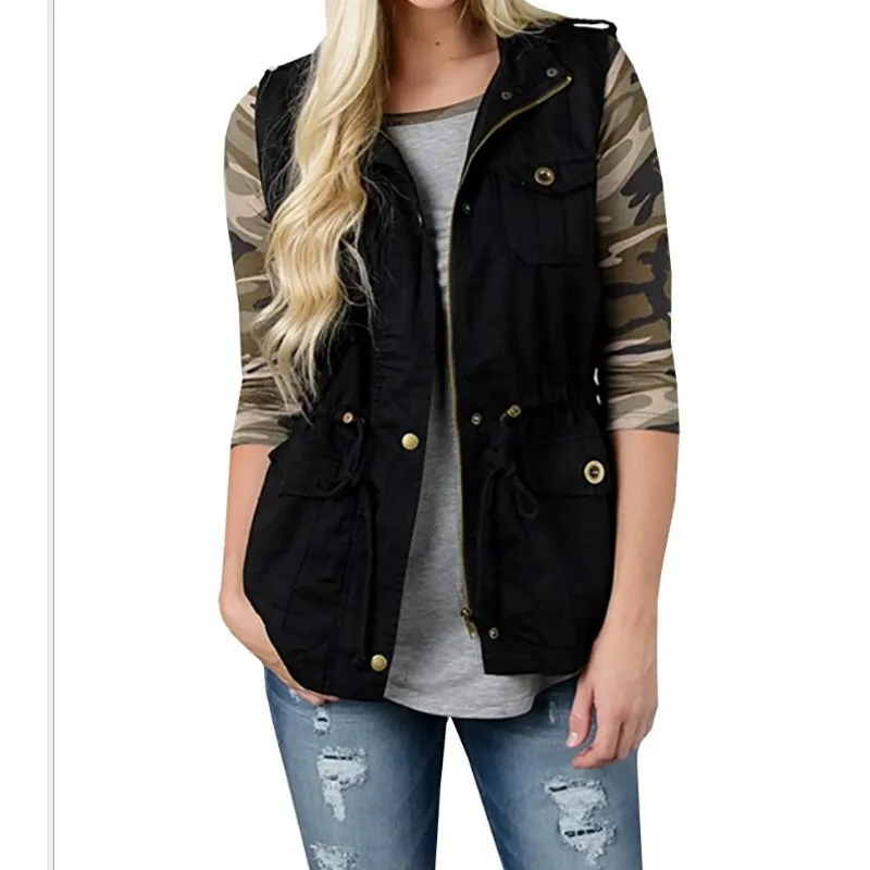 

Women Autumn Jacket Style Vest Turn-down Collar Pleated Pockets Full Zipper Casual Loose Fashion Top Outwear