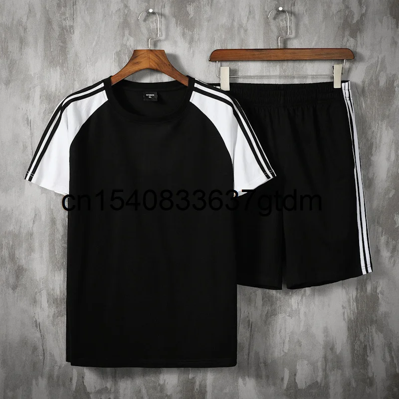

Summer 2021 new fashion men's fat plus size round neck color matching short sleeve suit