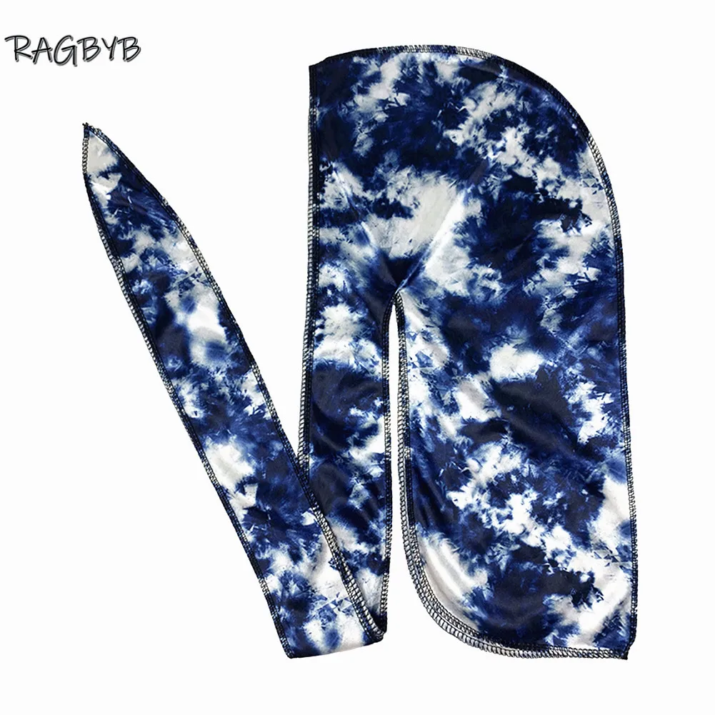 RAGBYB Premuim Tie Dyed Silk Durag Long Tail Men Printing Silky Durags Bandanas for Men Hair Wave Cap Durag