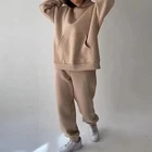 Флисовый однотонный комплект с толстовкой и брюками для женщин, осень 2021, пуловеры с передним карманом, длинные брюки, костюмы, женский Повседневный модный спортивный костюм