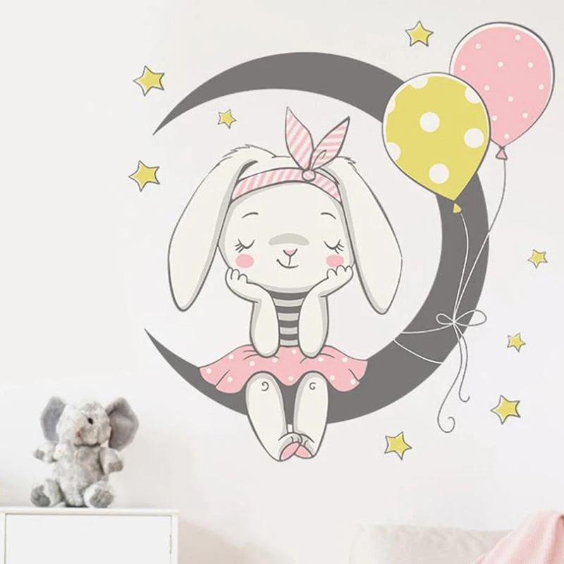 Мультяшные наклейки на стену в виде Луны кролика для детской комнаты девочек