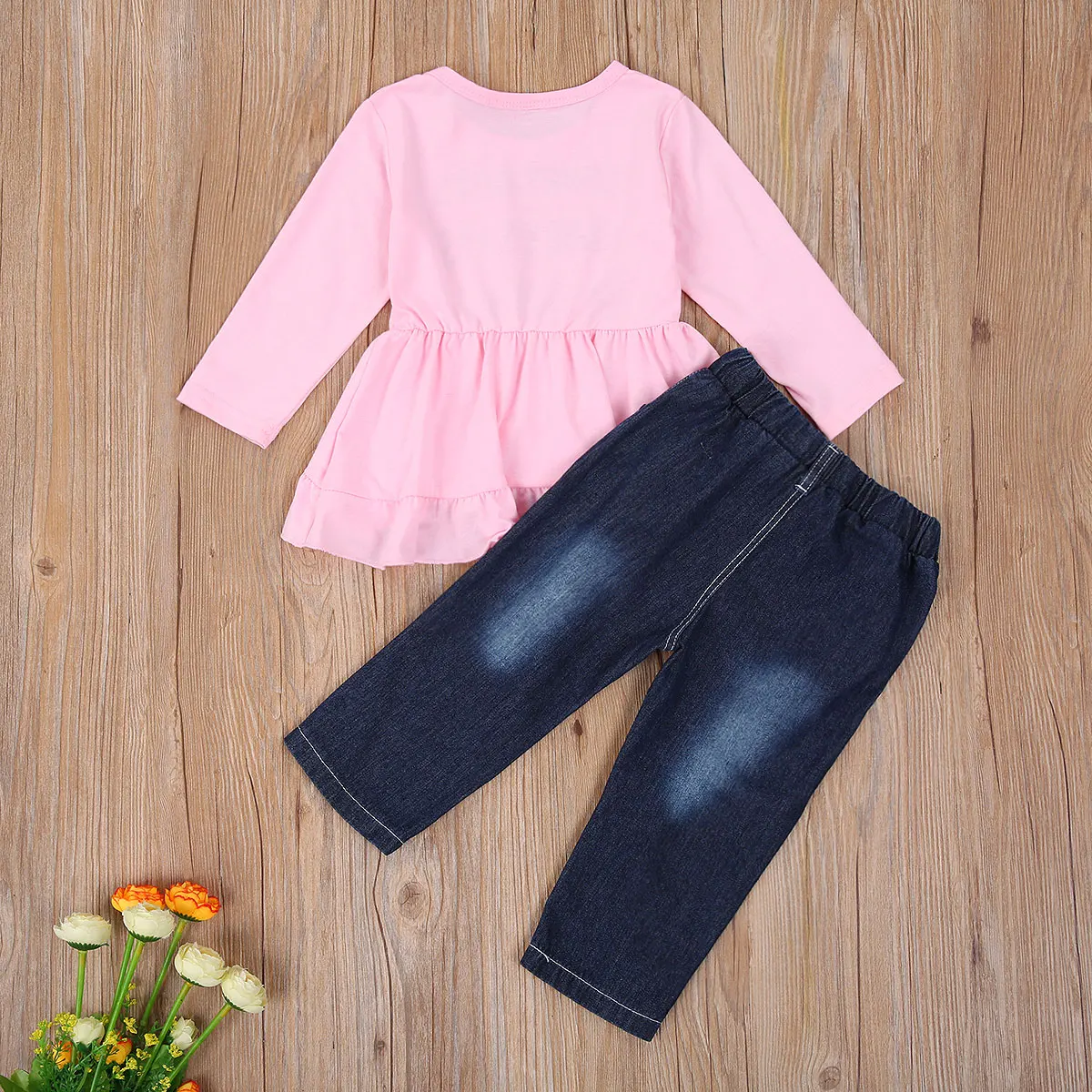 

Baby Girl 1T-6T Long Sleeve Long Pants Suit Round Collar Pocket Two-pieces Set Letter Printing Top Jeans Outfit