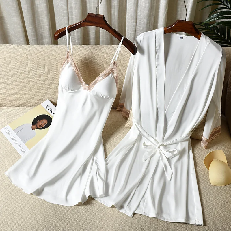 Комплект женский атласный из 2 предметов пикантная кружевная белая ночная