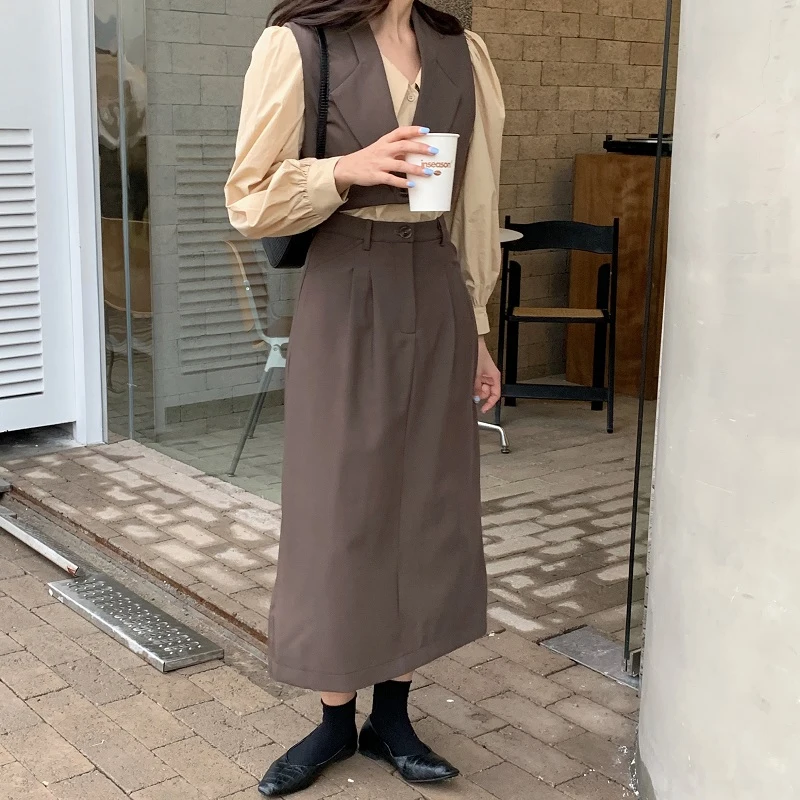 

Женский костюм-тройка с юбкой, корейская модная рубашка с отложным воротником и пышными рукавами, короткий жилет и облегающая юбка на талии,...