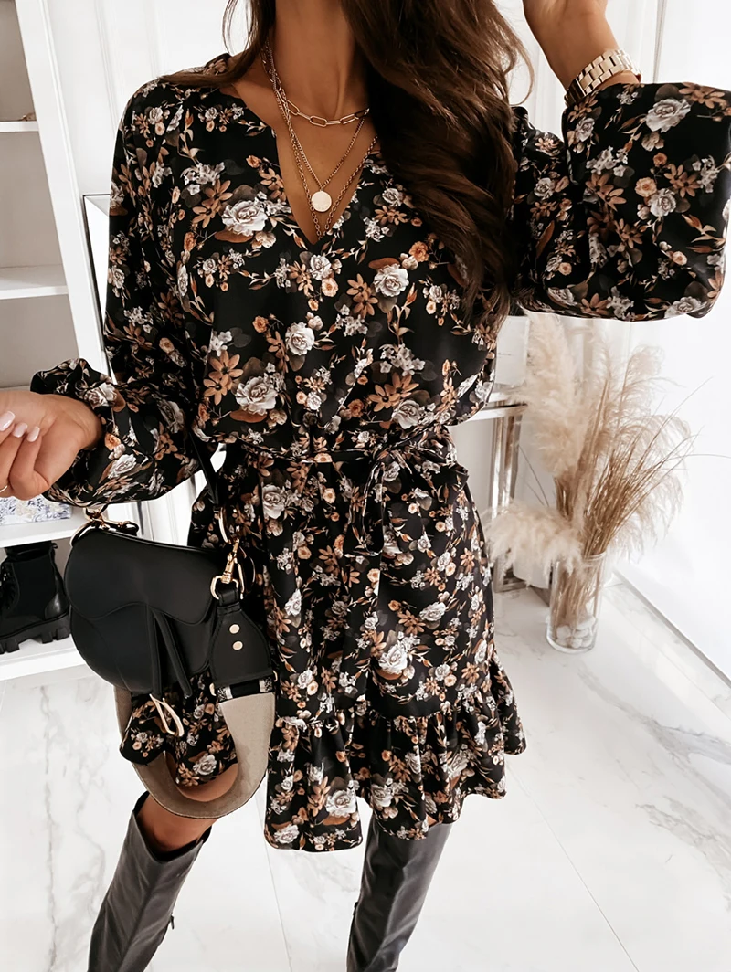 

Women Spring V Neck Floral Dress Boho 2021 New Vintage Ruffle Long Sleeve Print Dress Femme Elegant Black A Line Party Vestidos
