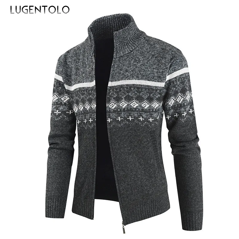 

Cardigan Sweater Men Zipper Stand-up Collar Casual Print Splicing Knitted Sweaters Men's Autumn Winter Sweater