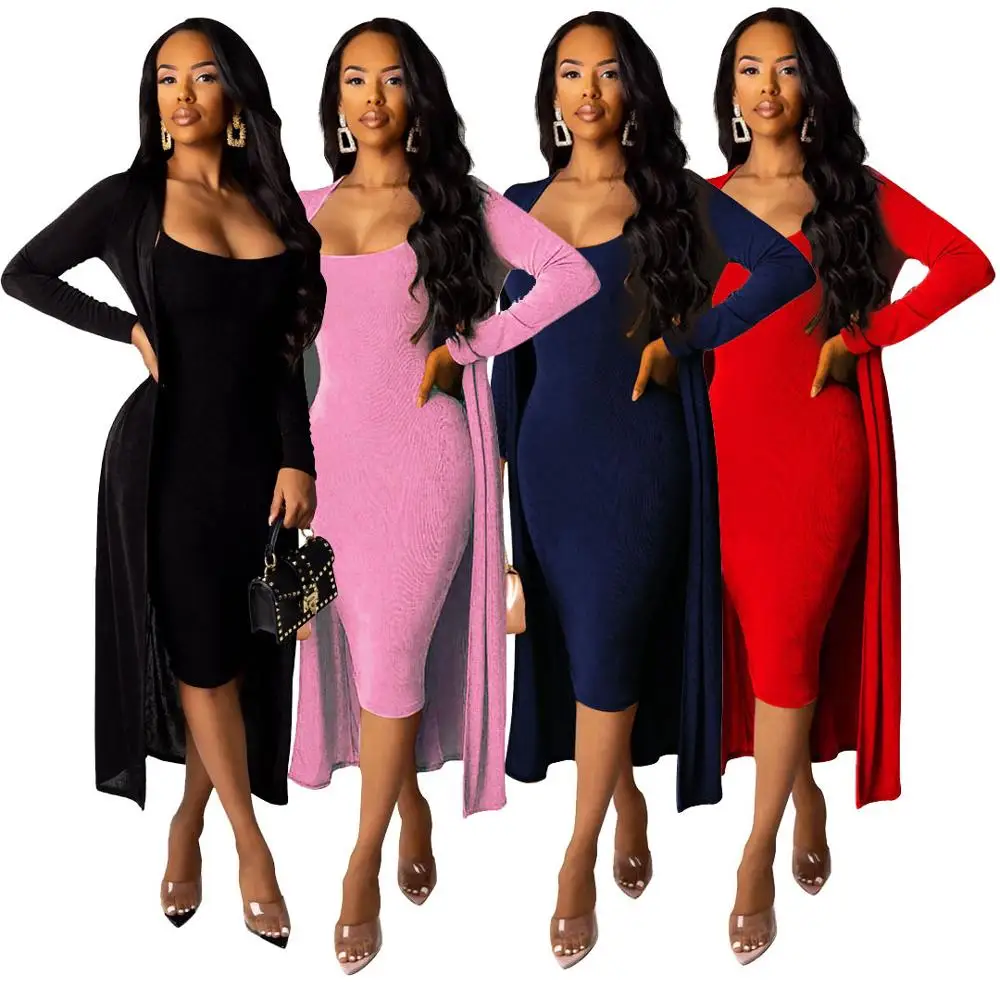 

Women Fashion Two Ppieces Sets Solid Spaghetti Strap Bodycon Dress & Casual Longline Coat Sets Deep V-Collar Dress Cardigan Set