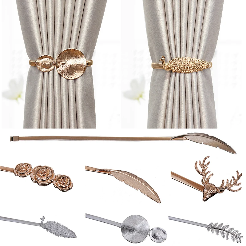 

Gold Feather Curtain Buckle Strap Metal Sliver Deer Tie Rope Elastic Curtains Holder Tieback Hold Back Room Accessories