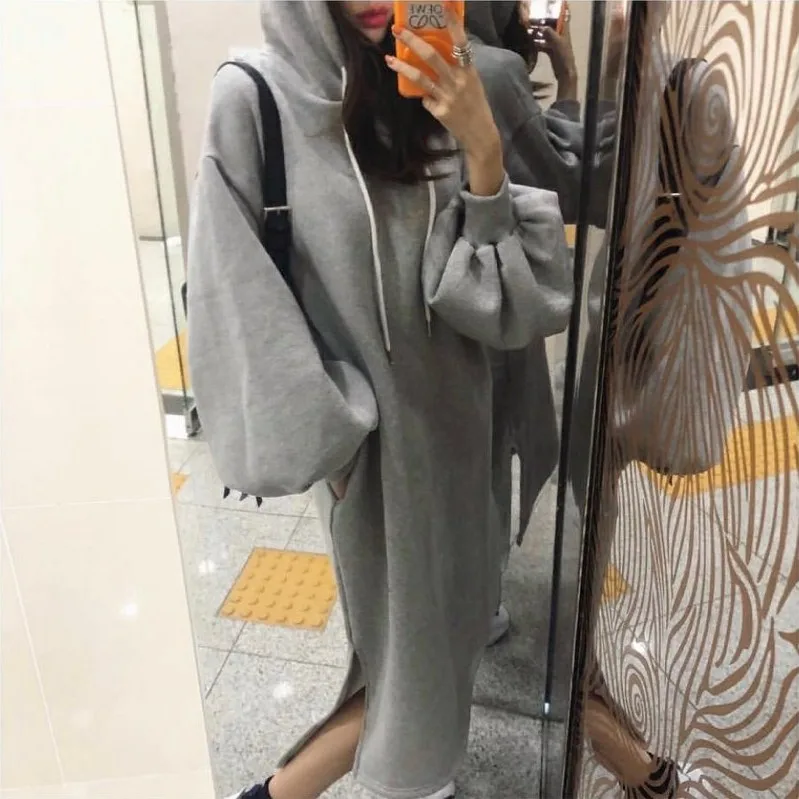 GETSPRING Women Dress Lantern Sleeve Split Thicken Hooded Dresses Gray Black Pink Vintage Plus Size Long Dresses New Autumn