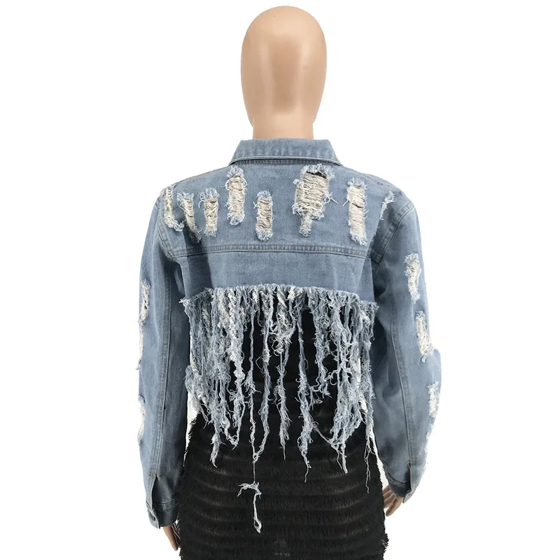 

Sexy Ripped Tassels Autumn Jacket Women Long Sleeve Buttons Vintage Distressed Coats Streetwear Hollow Out Hole Slim Outerwear