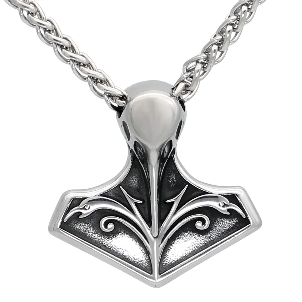 Мужская нордическая викингская цепочка с подвеской Мьёльнир (молот Тора) и вороном из нержавеющей стали в комплекте с подарочным мешочком.