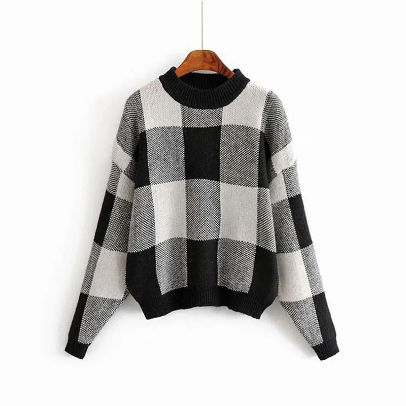 Winter Black white Lattice Sweater 2019 Women New Fall Classic O-Neck Tops Womens Leisure Jumper Knitted Pullovers #40 | Женская одежда