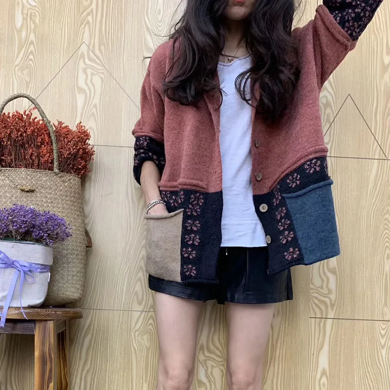 Women Sweater Loose Knitting Autumn Winter Retro Jackets Tops 2019 New Casual Panelled Pocket Ladies All-match Coat |