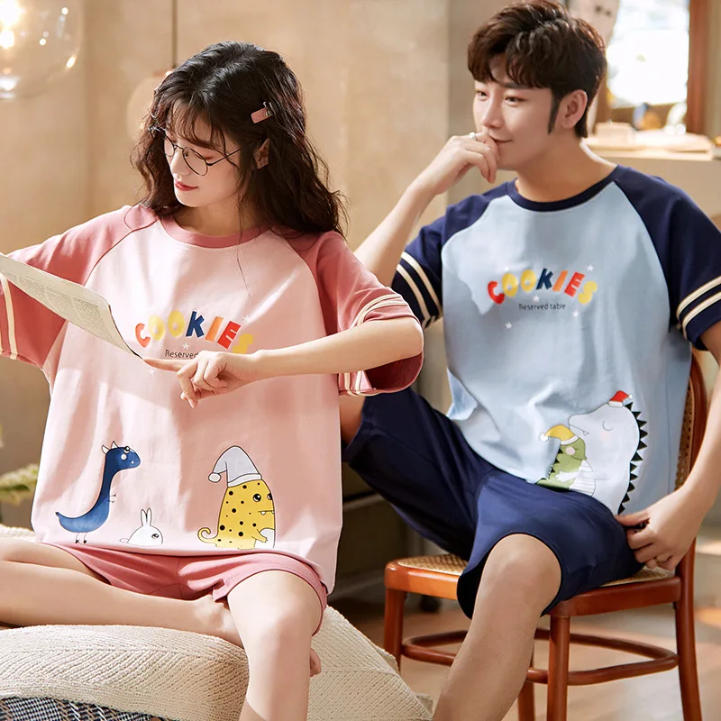 

Summer Pajamas Sets Fashion Cartoon Print O-Neck Cotton Sleepwear Couple Skin-friendly Soft Loose Leisure Short Sleeve Homewear