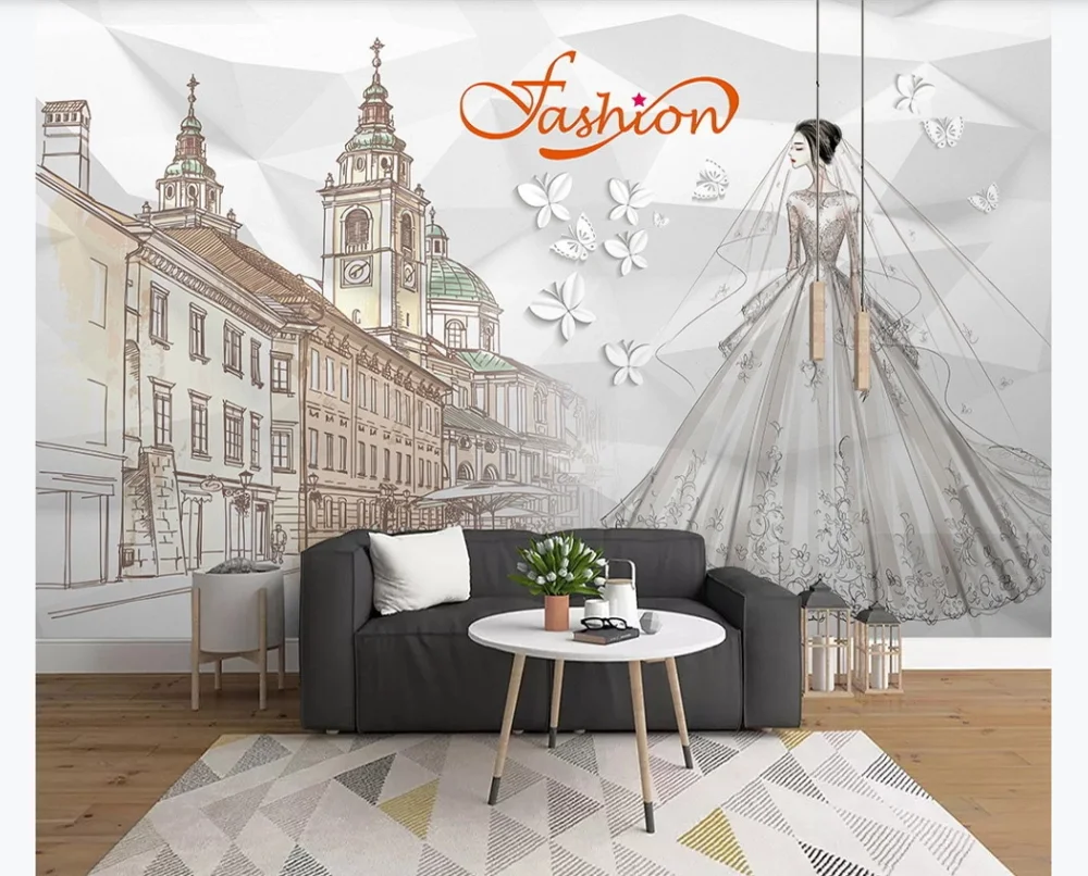 Пользовательские 3D обои роспись модное свадебное платье европейский город