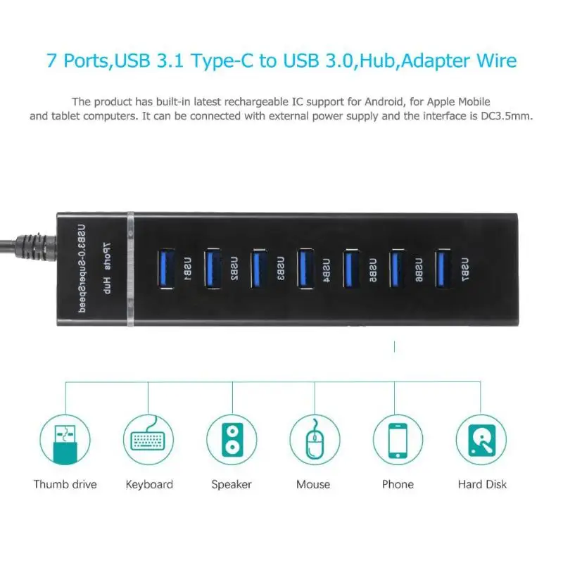 Адаптер преобразователя Type C в usb хаб 7 1 высокоскоростной портов USB 3 разветвитель