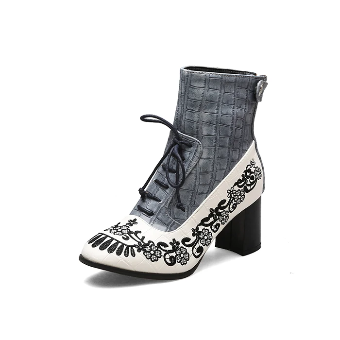 Синий Retro Printed Booties Leather Women Ankle Boots Embroidery High Heels Casual Woman Shoe Zipper Vintage Female Footwear Boot 37 - Цвет: Синий