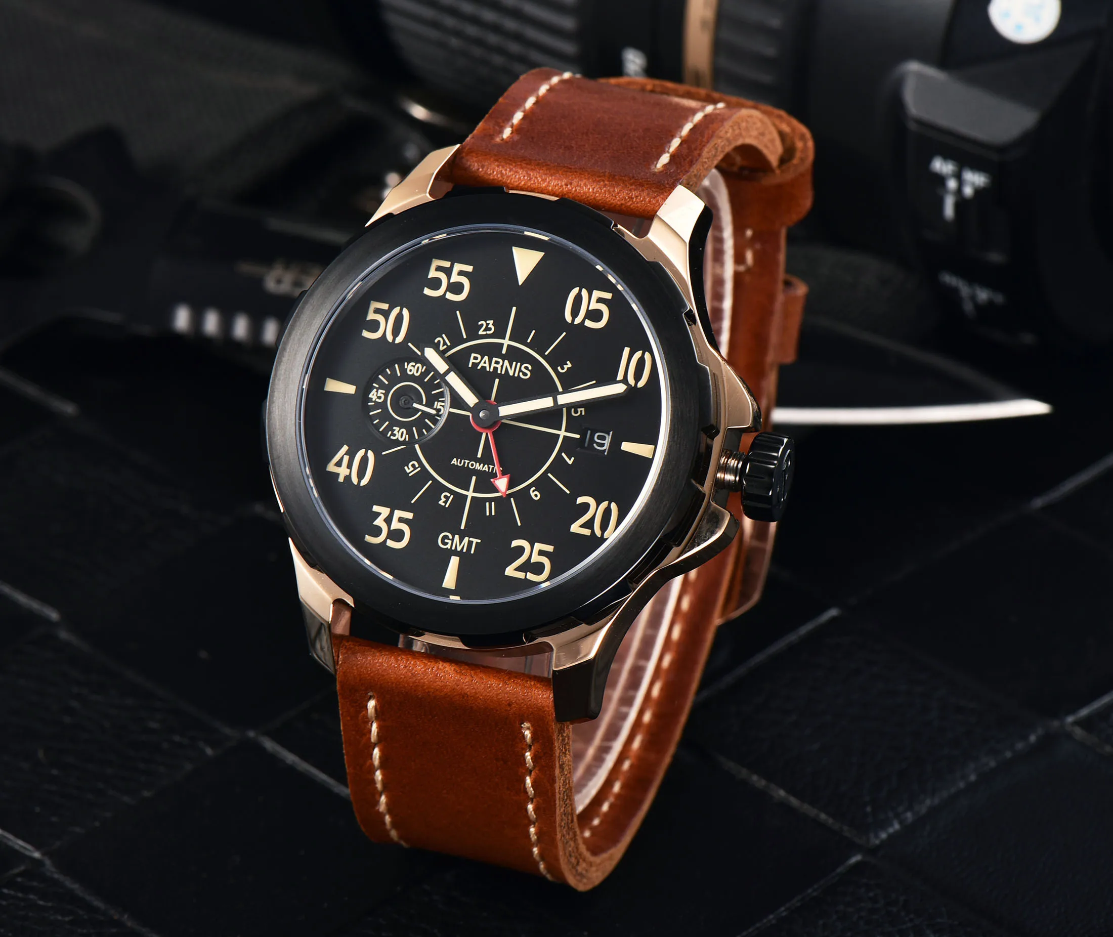 Мужские механические часы Parnis 44 мм GMT автоматические черный циферблат наручные
