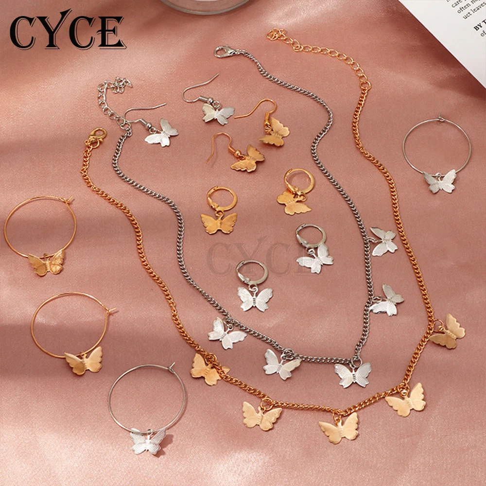 

2021 Bohemian Butterfly Pendant Necklaces And Earrings Sets For Women Metal Clavicle Chains Stud Earrings Jewelry Accessories