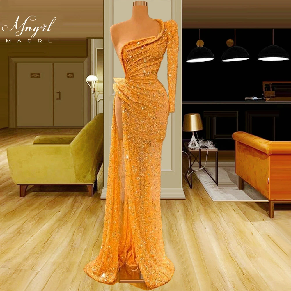 

MNGRL Luxury Evening Dress One-shoulder Long Sleeves Hand-applied Diamonds Glittering 2021 New Evening Dress Party Dress