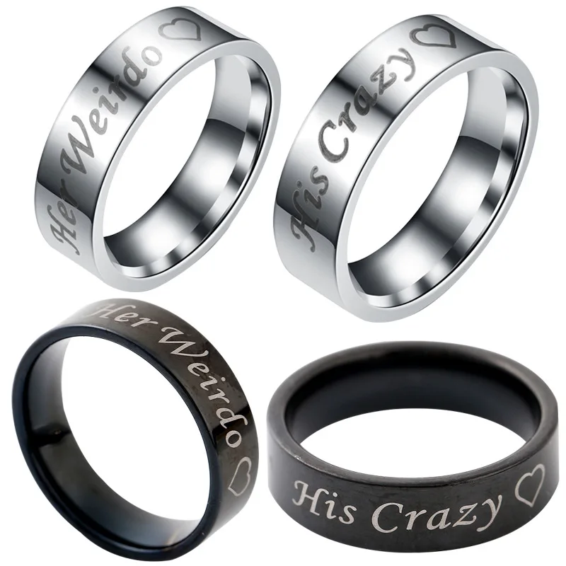 

MIQIAO Stainless Steel Titanium His Crazy Her Weirdo English Letter Couple Matching Rings for Women Men Wedding Engagement Gift