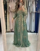 shwaepepty dark sage moroccan kaftan long formal evening dress appliqued gold lace beads arabic muslim gowns prom party dresses