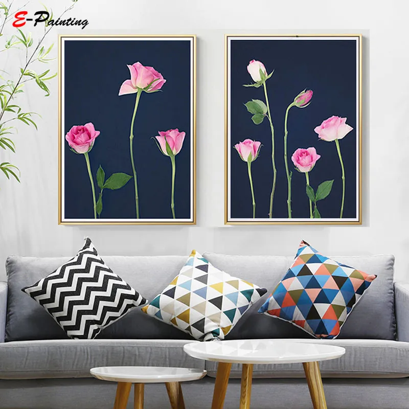 Современный холст искусство розовые и темно синие розы для печати над кроватью