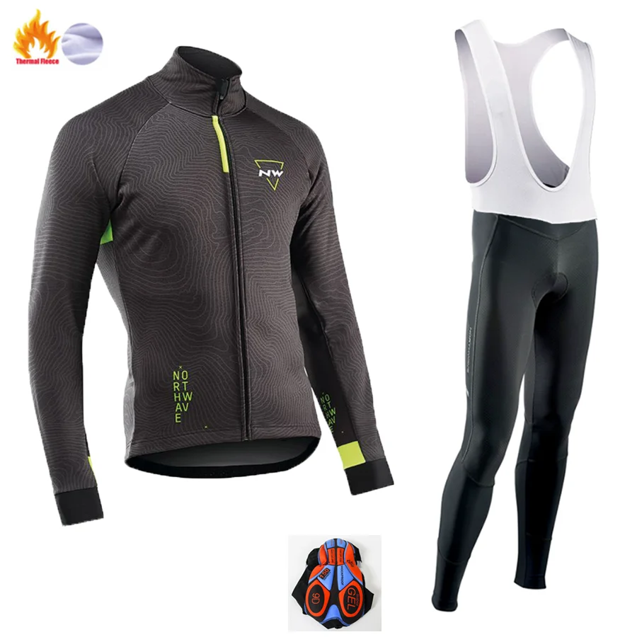 NW North Wave Ciclismo Джерси Pro зимнее Велосипедное снаряжение теплый шерстяной костюм с длинным рукавом набор велосипедных костюмов набор для езды на велосипеде - Цвет: Fleece long sleeve
