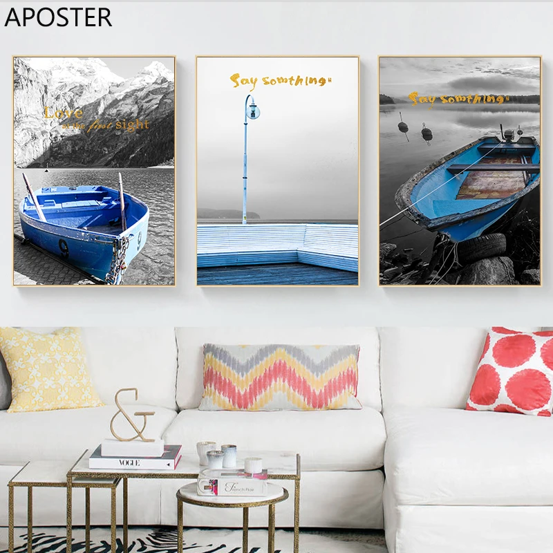 Скандинавское украшение озеро Горный пейзаж холст плакат синяя лодка картина