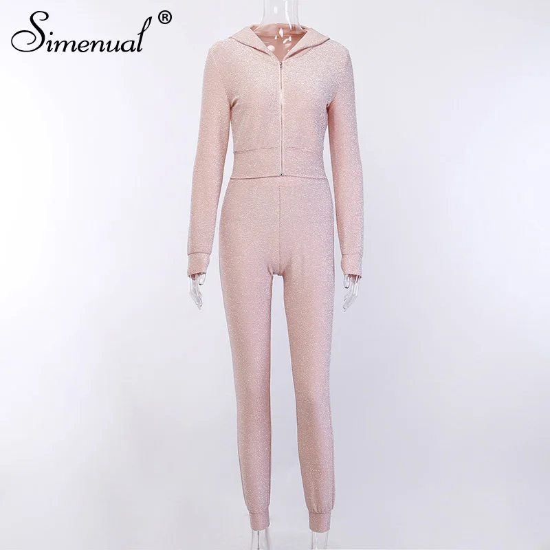 pink Simenual повседневная одежда для отдыха на молнии; комплект одинаковой одежды; осень г.; комплект из 2 предметов с длинным рукавом и блестками; женский топ и штаны; спортивные костюмы - Цвет: pink