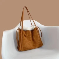 winter cashmere womens shoulder bag frosted stitched plush drawstring large capacity handbag luxury brand fashion womens bag