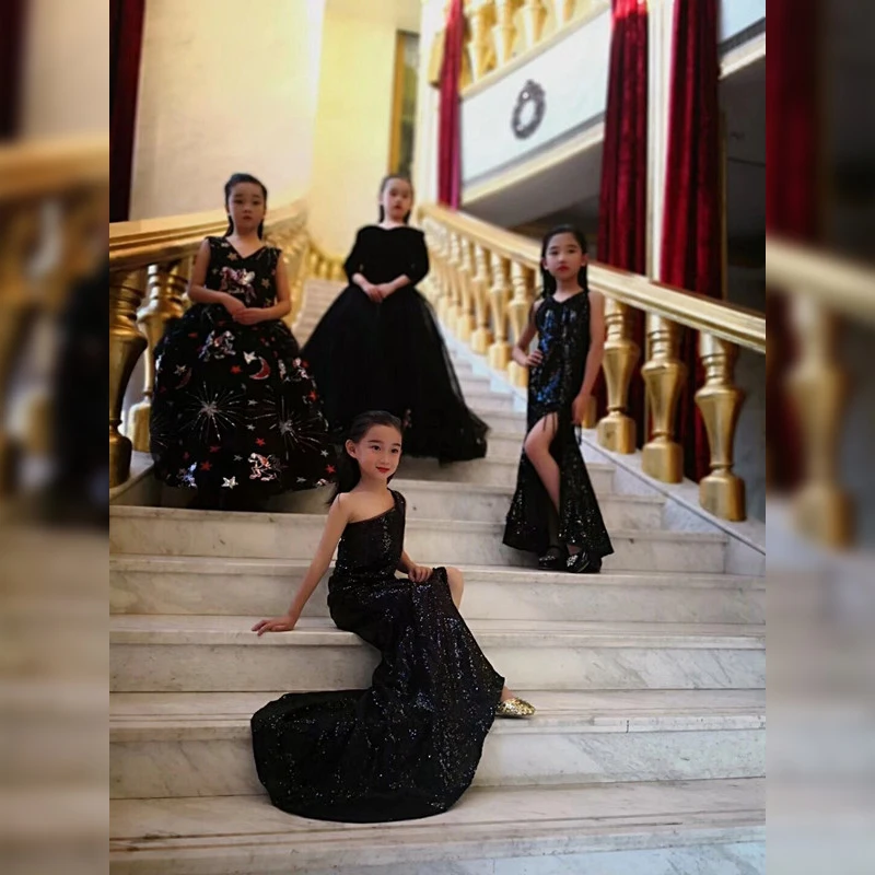 sequin mermaid dress age for teenage girls one-shoulder  vintage noble graduation gowns evening party kids frocks L0227