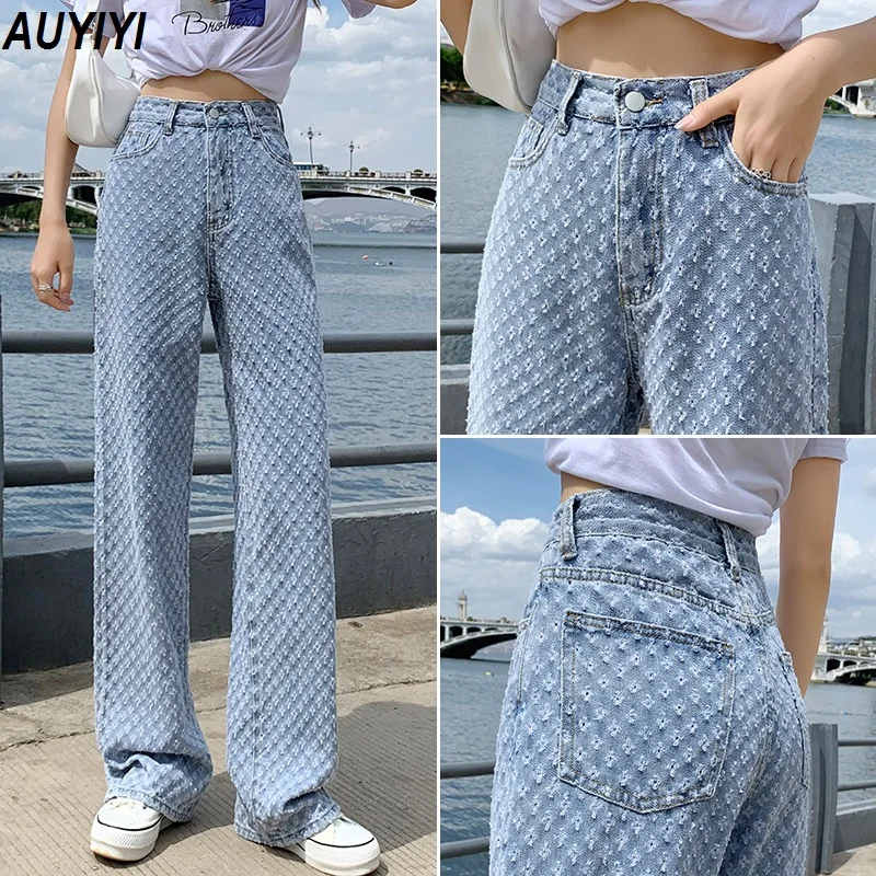 

AUYIYI 2021 Fashion Design Sense Of Ripped Jeans Women Summer Thin Section High Waist Loose Straight Wide Leg Mopping Pants