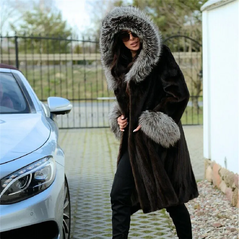 100 см длинное модное пальто из натурального меха норки с отделкой лисьего