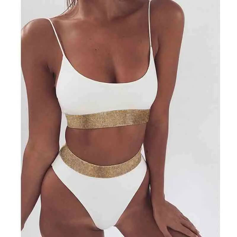 

Solid Color Gold Patchwork Swimwear Female 2020 New High Waist Bikini Women Swimsuit Flash Bathing Suit Beachwear Swimming Suit