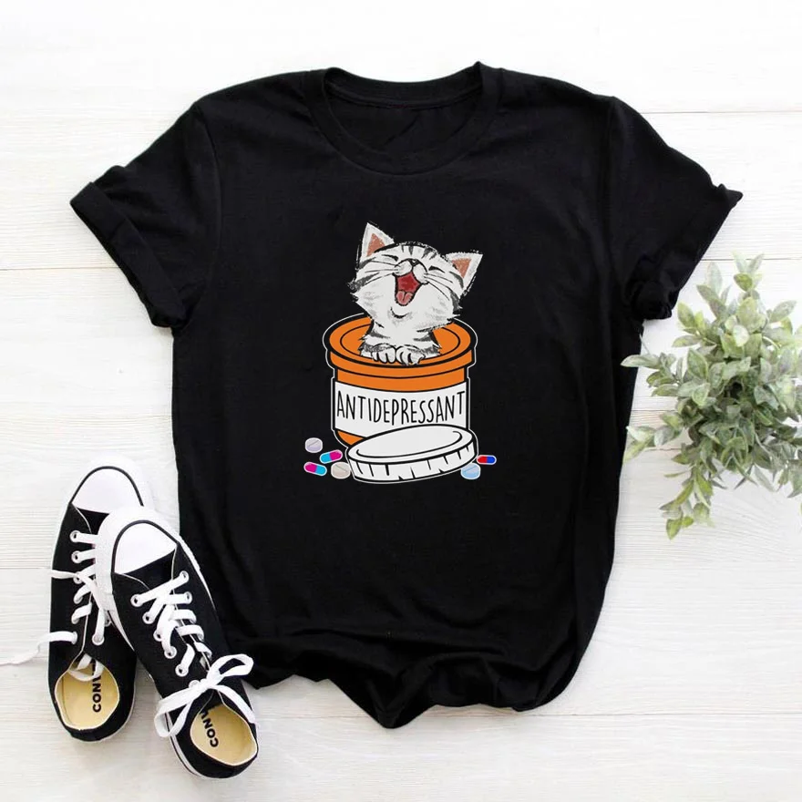 

Antidepressand Femme T-shirts Cat In Can Short Sleeve Cotton Graphic Tee Women O-neck Camisetas Mujer Casual T Shirt Women