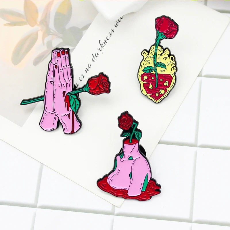 Эмалированная брошь в форме сердца крови розы цветка красная роза прокол обе