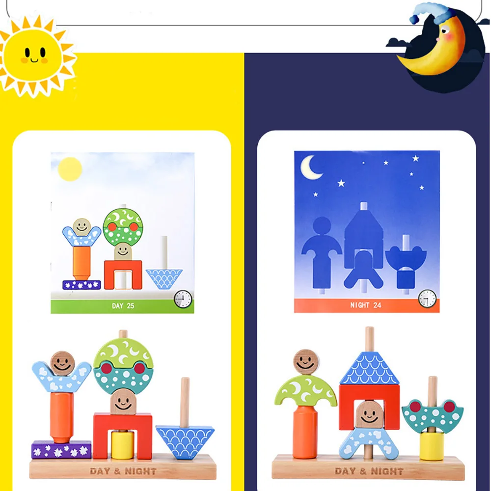 

Child Building Blocks Moon Day Night Pillar Block Montessori Learning Wooden Toy Children Educational Toys Xmas Gifts New Born