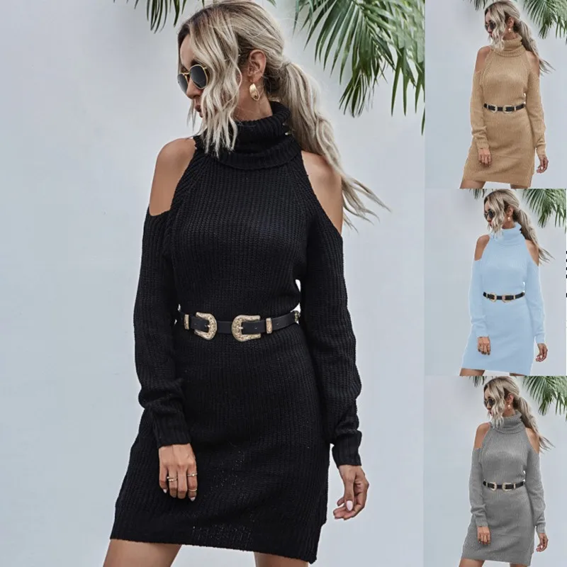 

Knitted Dress Women Sweater Pullover Turtleneck Off Shoulder Black Sexy Dresses Party Club Autumn Winter Warm Sweaters Dress