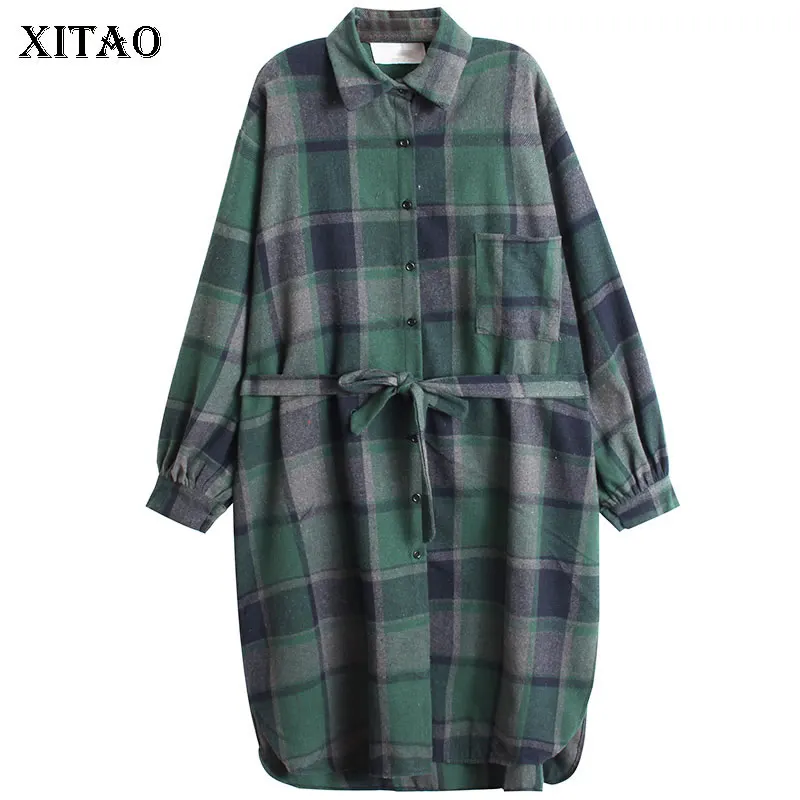 

XITAO, клетчатое платье, модная винтажная богиня, веер, карманная повязка, длинный рукав, осень 2021, свободное платье с карманом в этническом сти...
