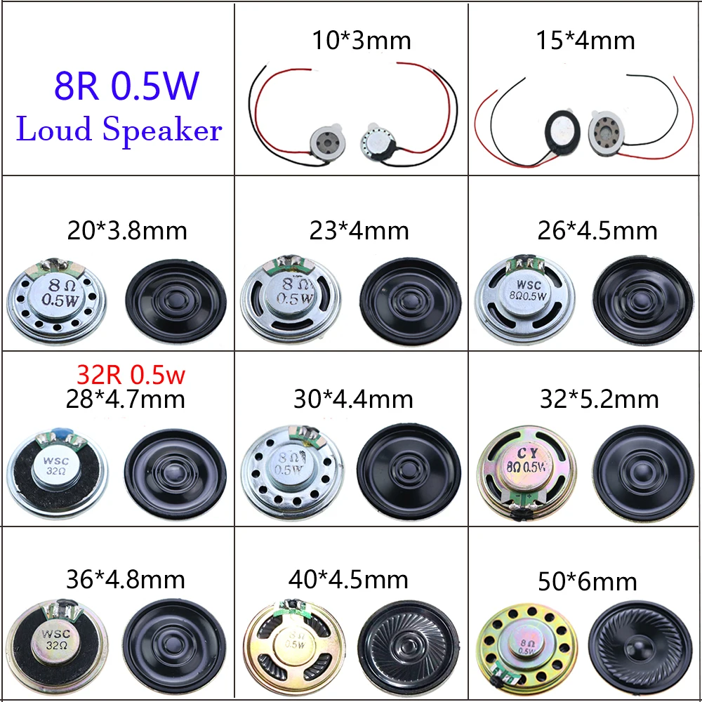 

1 Uds bocina de 8 Ом, 0,5 Вт, 8R, 0,5 Вт, 10 мм, 15 мм, 20 мм, 23 мм, 26 мм, 30 мм, 32 мм, 40 мм, 50 мм, запасные части для altav