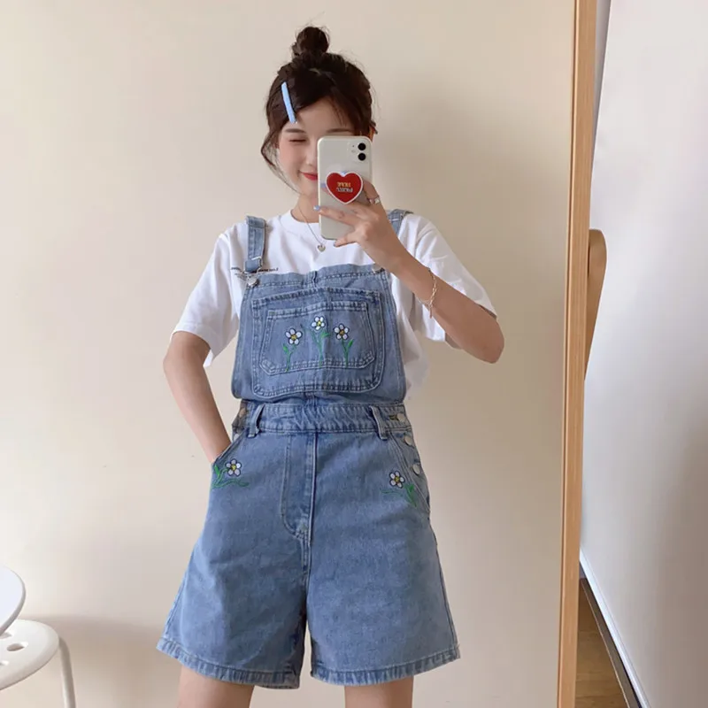

summer korean preppy style Jumpsuit Denim Overalls Casual Girls floral straight Jeans Shorts womens (F8010)