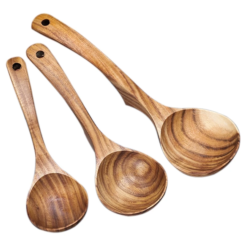 

3Pcs Natural Wooden Spoon Wood Soup Ladle Kitchen Tool Belt Hook Wooden Tableware Kitchenware Porridge Hook Spoon